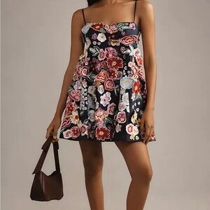 Anthropologie 3D Floral Babydoll Navy Floral-Embroidered Mini Dress